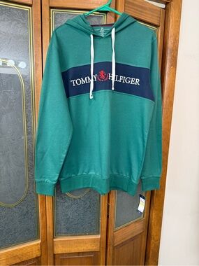 Ladies Tommy Hilfiger Green Hooded Sweatshirt with Navy Chest Band, BRAND NEW